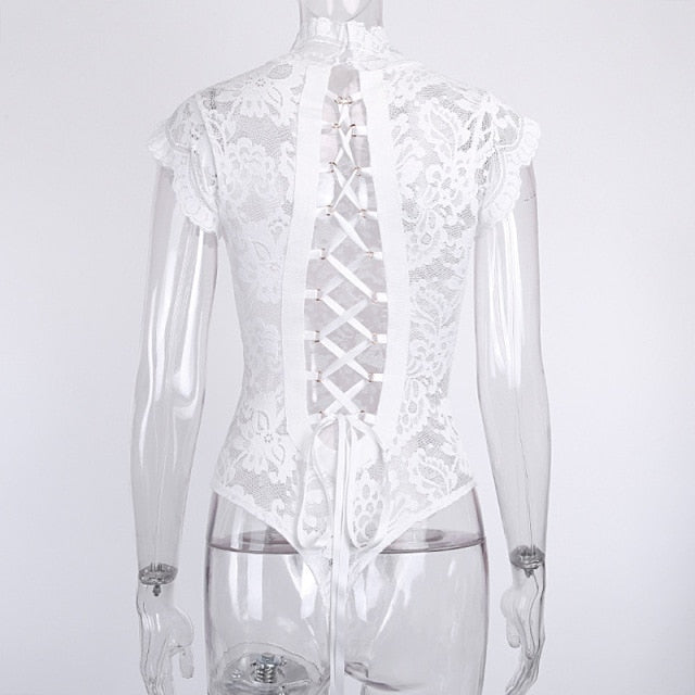 Short sleeve white lace bodysuit