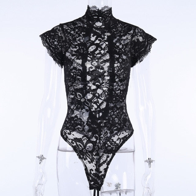 Short sleeve black lace bodysuit