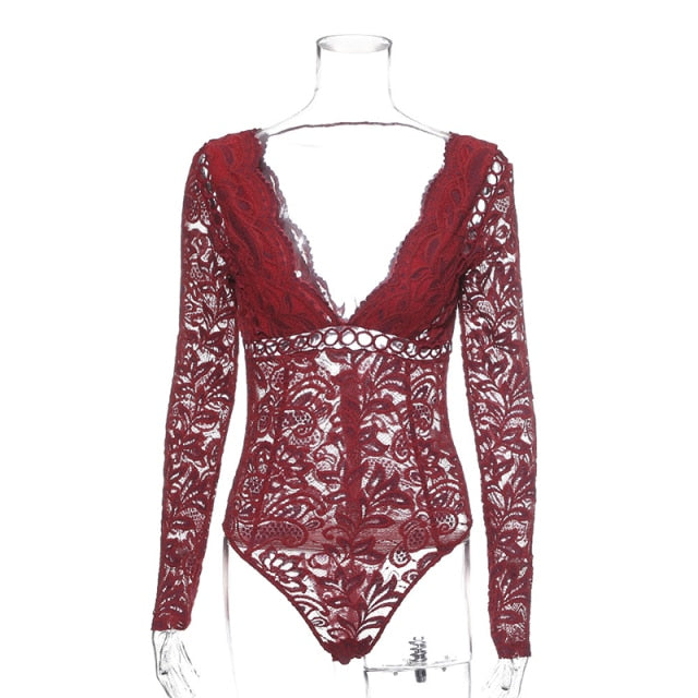 Wine Red lace Long Sleeve Bodysuit
