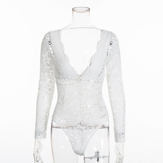 long sleeve white lace bodysuit