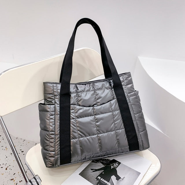 Gray  Quilted Nylon Shoulder Bag