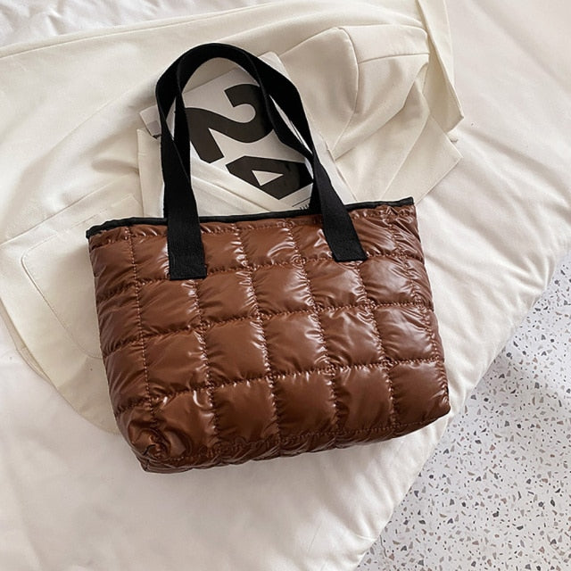 Brown  Quilted Nylon Shoulder Bag