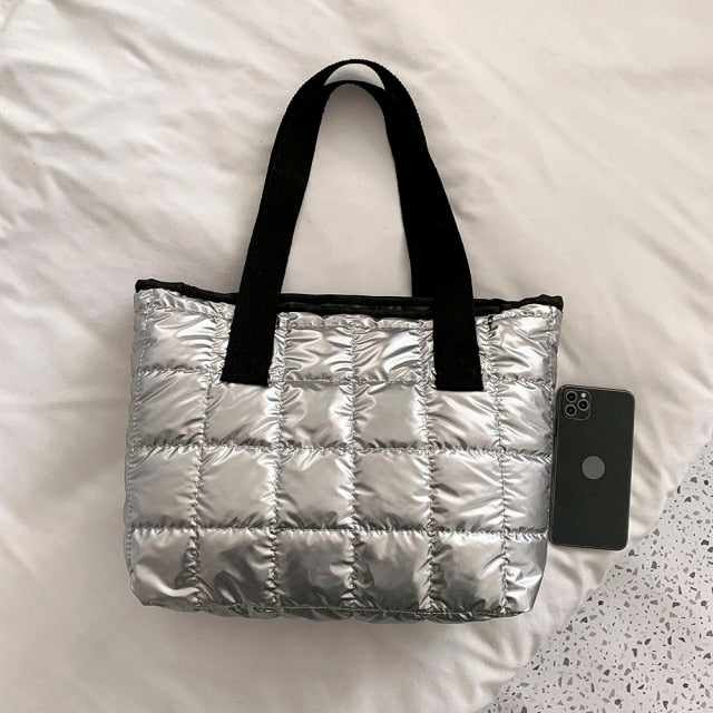 Silver  Quilted Nylon Shoulder Bag