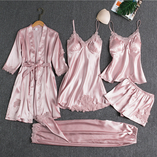 Five Piece Satin Sleepwear set in Pink