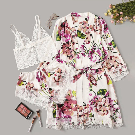 Three Piece floral sleepwear set with shorts, camisole and robe 